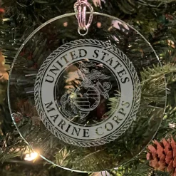 USMC 'Pick Your Design' 3" Round Etched Glass Christmas Tree Ornament